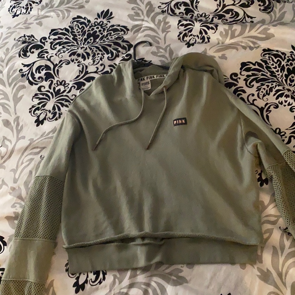Medium olive green hoodie with mesh sleeves
